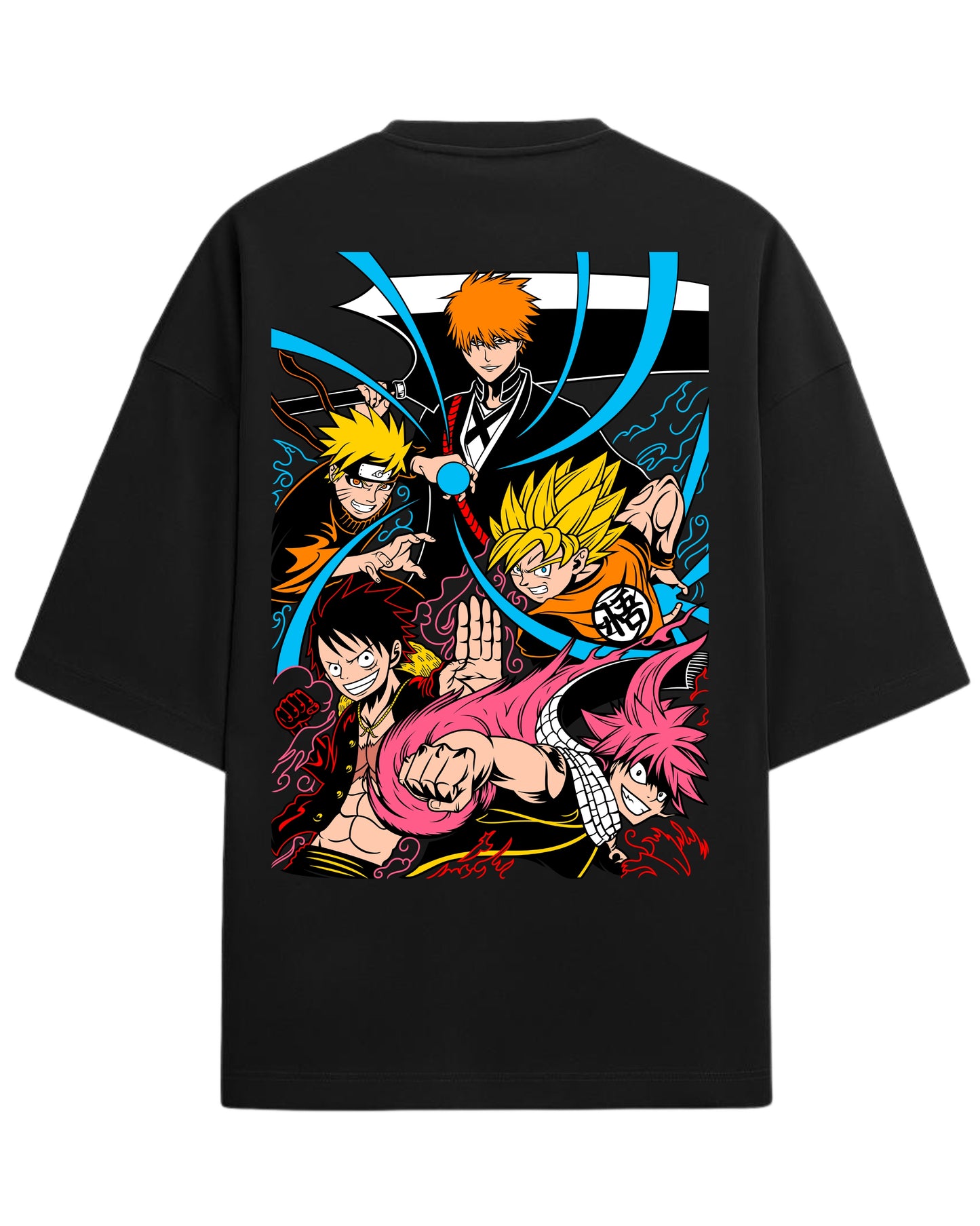 Ultimate Anime Legends Oversized T-Shirt | Goku x Naruto x Luffy x Ichigo x Natsu Crossover Tee | Premium 260 GSM Cotton