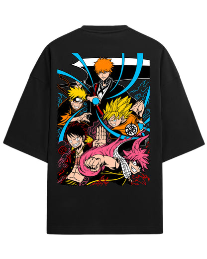 Ultimate Anime Legends Oversized T-Shirt | Goku x Naruto x Luffy x Ichigo x Natsu Crossover Tee | Premium 260 GSM Cotton