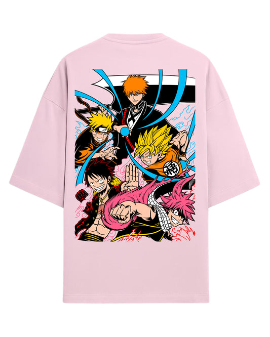 Ultimate Anime Legends Oversized T-Shirt | Goku x Naruto x Luffy x Ichigo x Natsu Crossover Tee | Premium 260 GSM Cotton