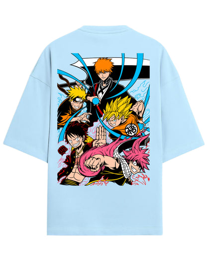 Ultimate Anime Legends Oversized T-Shirt | Goku x Naruto x Luffy x Ichigo x Natsu Crossover Tee | Premium 260 GSM Cotton