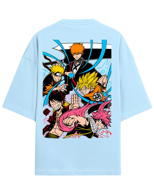 Ultimate Anime Legends Oversized T-Shirt | Goku x Naruto x Luffy x Ichigo x Natsu Crossover Tee | Premium 260 GSM Cotton