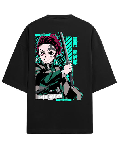 Tanjiro Kamado Katana Stance Oversized T-Shirt | Demon Slayer Anime Graphic Tee | Premium 260 GSM Cotton