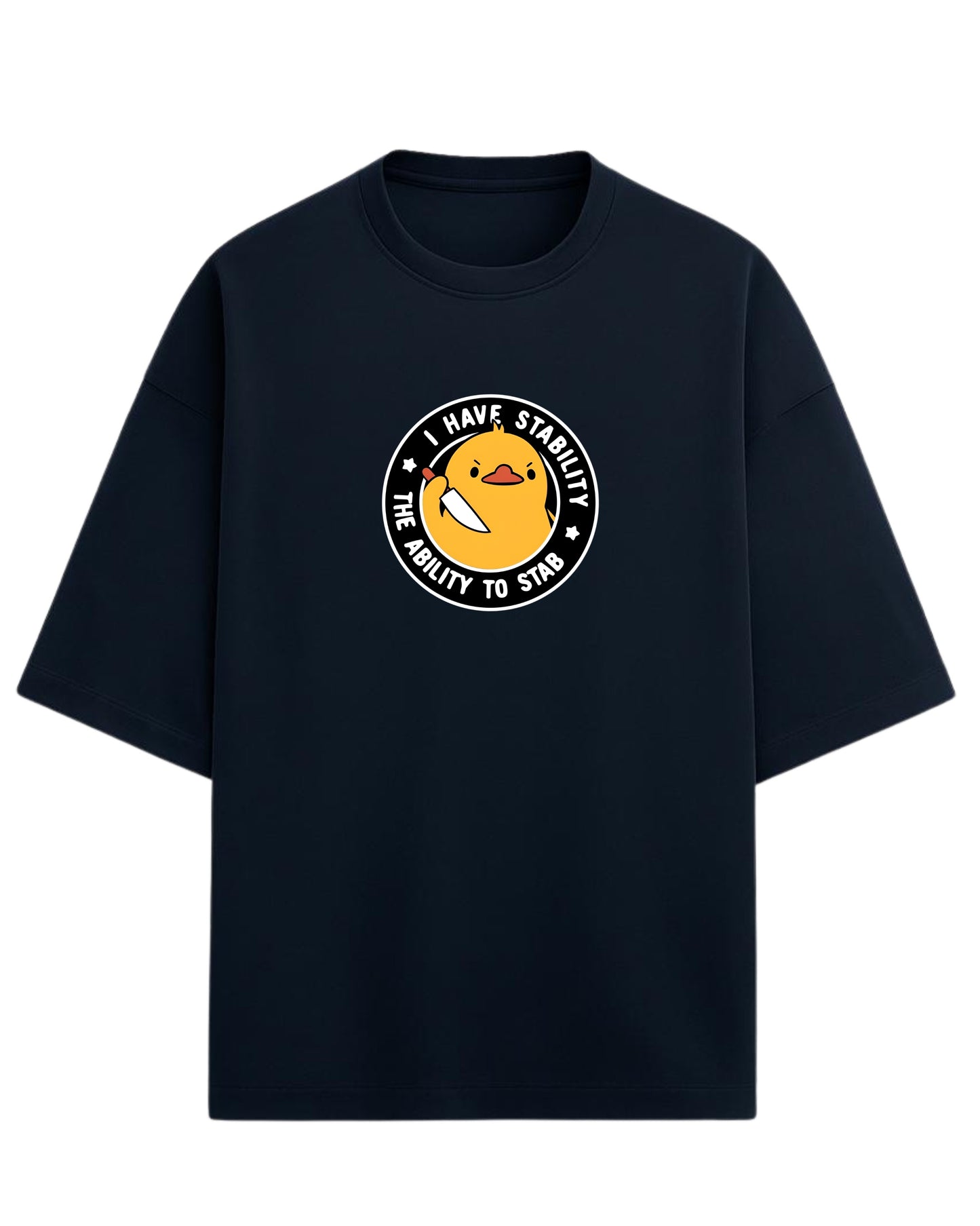 I Have Stability – The Ability to Stab Oversized T-Shirt | Cute Angry Duck Graphic Tee | Premium 260 GSM Cotton