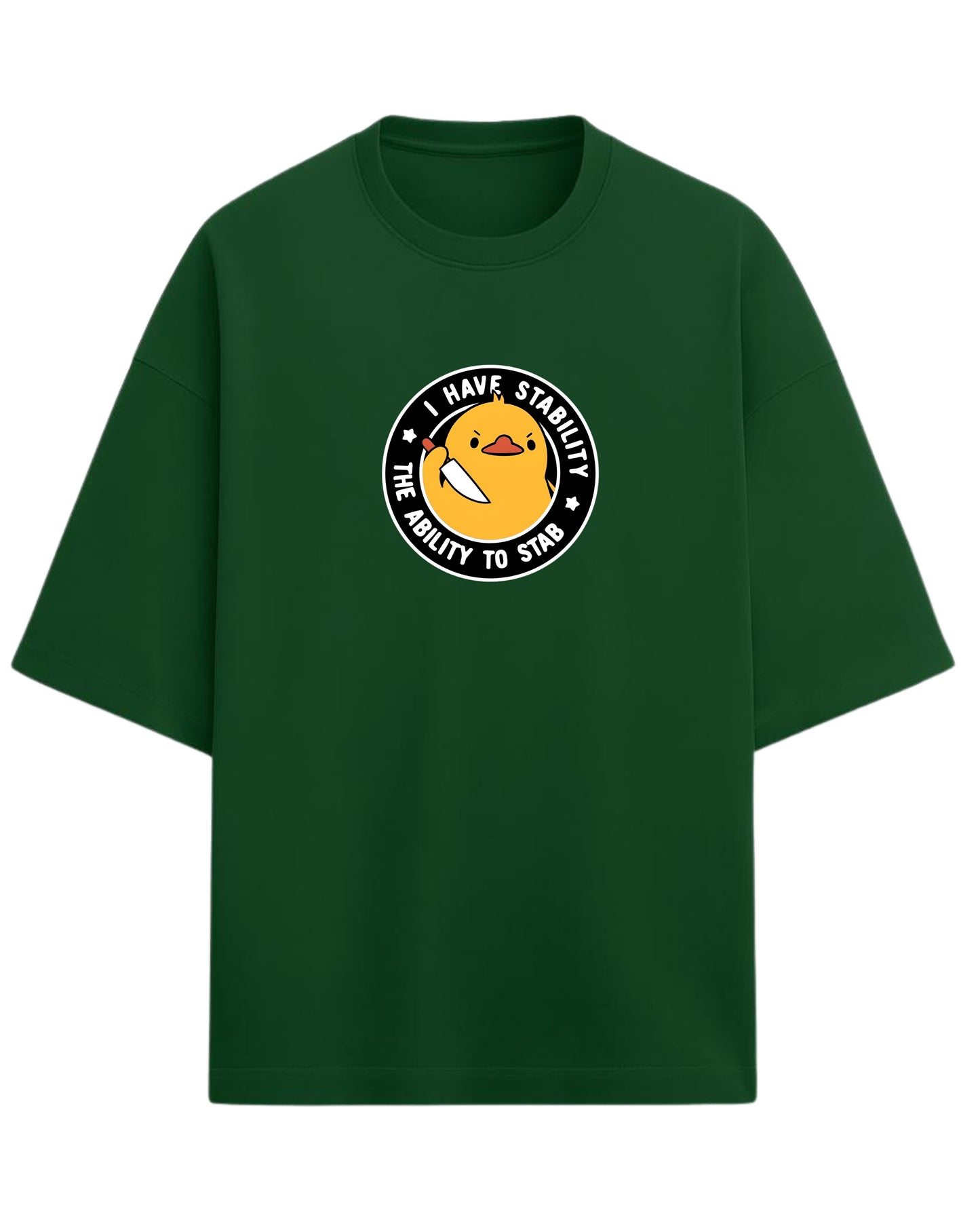 I Have Stability – The Ability to Stab Oversized T-Shirt | Cute Angry Duck Graphic Tee | Premium 260 GSM Cotton