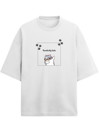 Purrfectly Cute Oversized T-Shirt | Cool Cat Graphic Tee | Premium 260 GSM Cotton