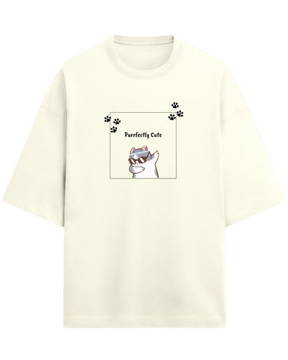 Purrfectly Cute Oversized T-Shirt | Cool Cat Graphic Tee | Premium 260 GSM Cotton