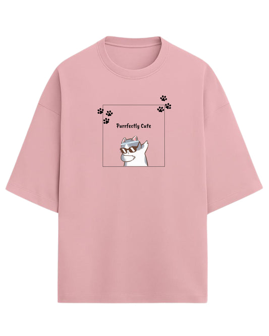 Purrfectly Cute Oversized T-Shirt | Cool Cat Graphic Tee | Premium 260 GSM Cotton