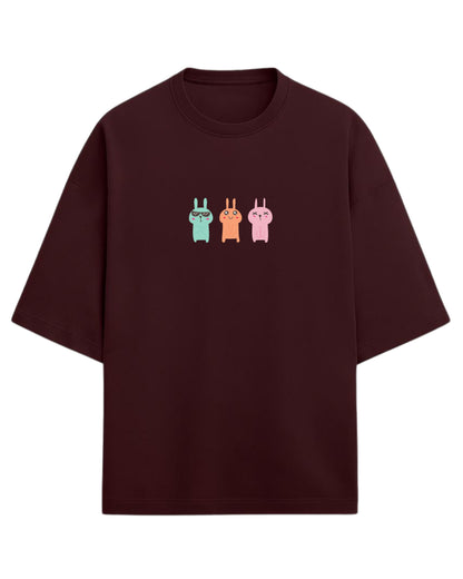 Bunny Trio Mood Oversized T-Shirt | Cute Cartoon Rabbit Graphic Tee | Premium 260 GSM Cotton