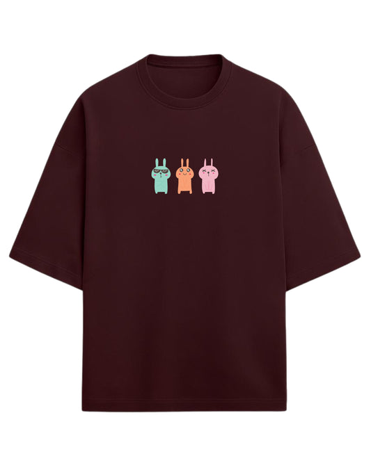 Bunny Trio Mood Oversized T-Shirt | Cute Cartoon Rabbit Graphic Tee | Premium 260 GSM Cotton