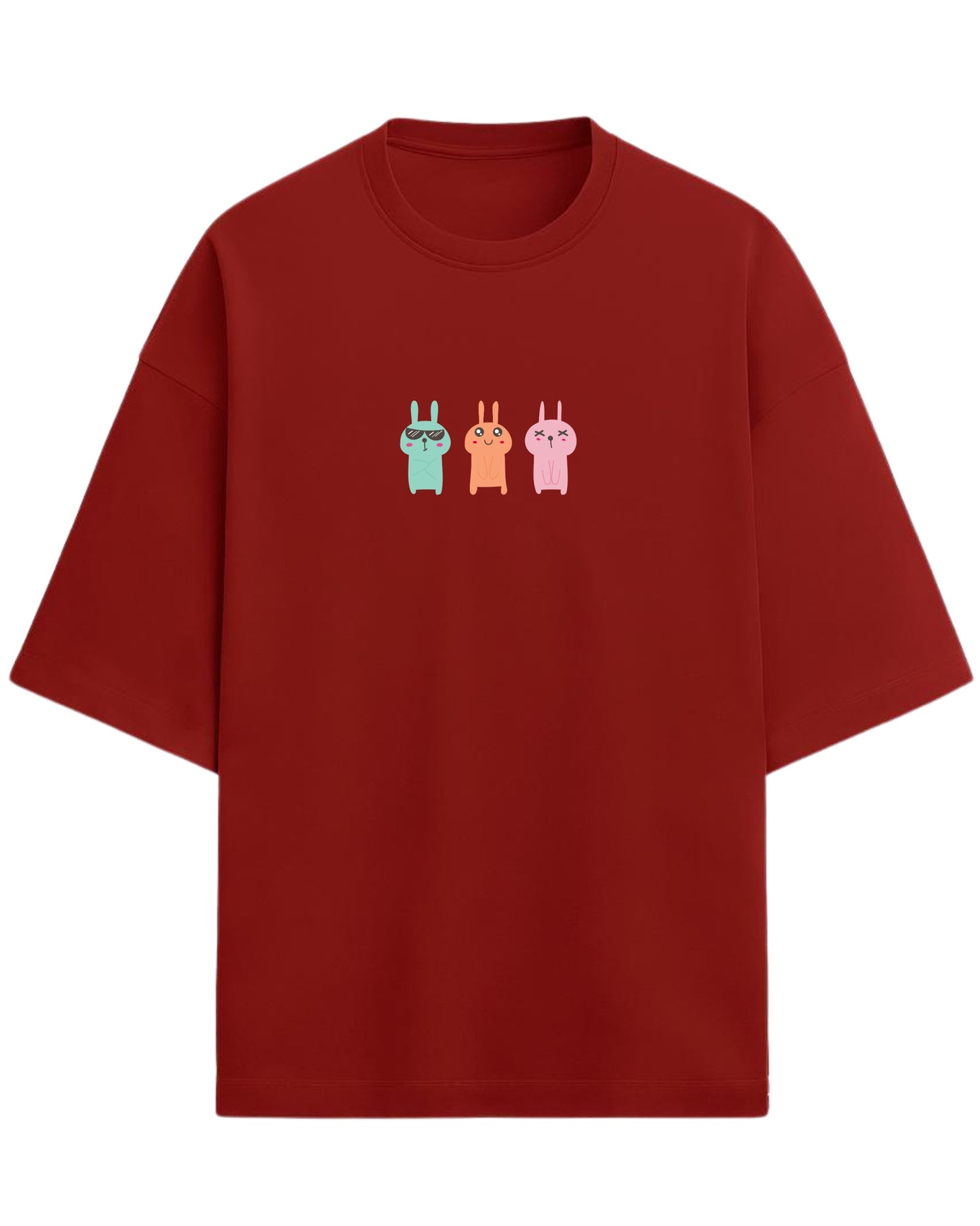 Bunny Trio Mood Oversized T-Shirt | Cute Cartoon Rabbit Graphic Tee | Premium 260 GSM Cotton