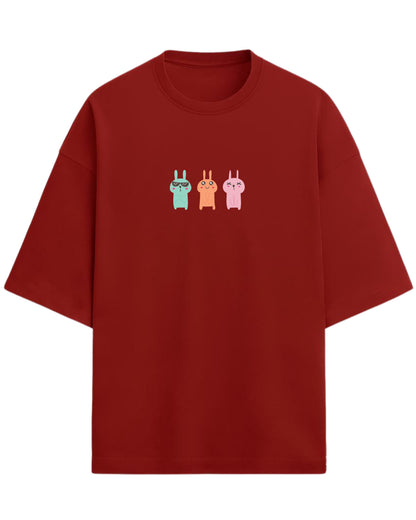 Bunny Trio Mood Oversized T-Shirt | Cute Cartoon Rabbit Graphic Tee | Premium 260 GSM Cotton