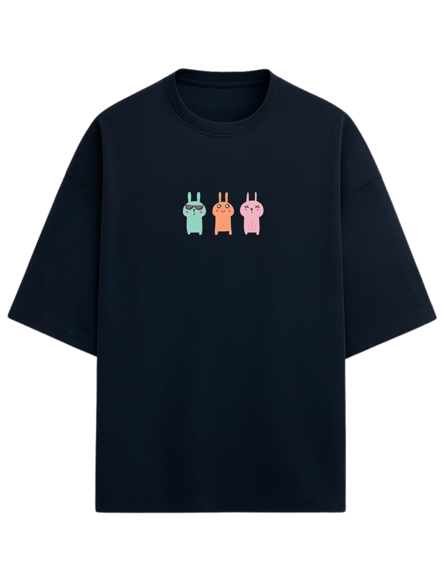 Bunny Trio Mood Oversized T-Shirt | Cute Cartoon Rabbit Graphic Tee | Premium 260 GSM Cotton