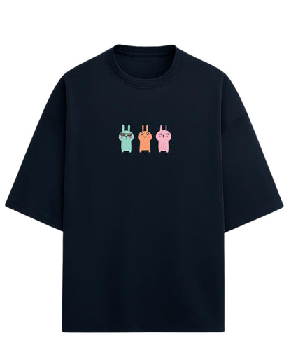Bunny Trio Mood Oversized T-Shirt | Cute Cartoon Rabbit Graphic Tee | Premium 260 GSM Cotton
