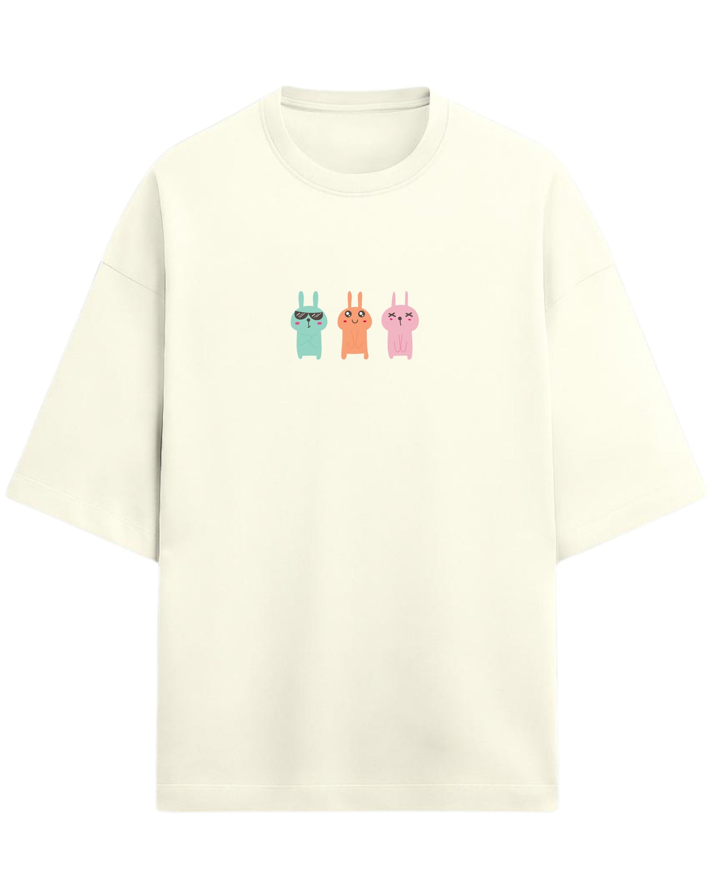 Bunny Trio Mood Oversized T-Shirt | Cute Cartoon Rabbit Graphic Tee | Premium 260 GSM Cotton