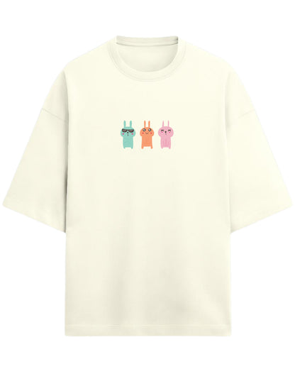 Bunny Trio Mood Oversized T-Shirt | Cute Cartoon Rabbit Graphic Tee | Premium 260 GSM Cotton