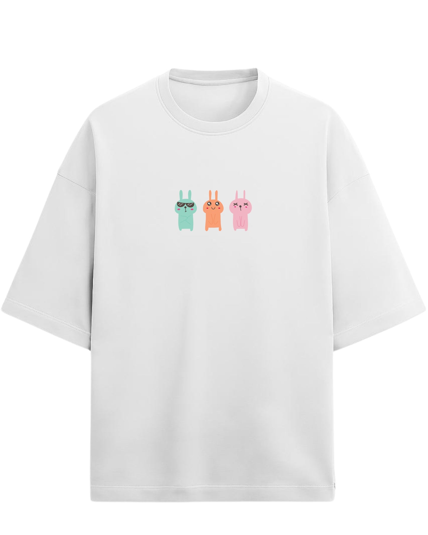 Bunny Trio Mood Oversized T-Shirt | Cute Cartoon Rabbit Graphic Tee | Premium 260 GSM Cotton