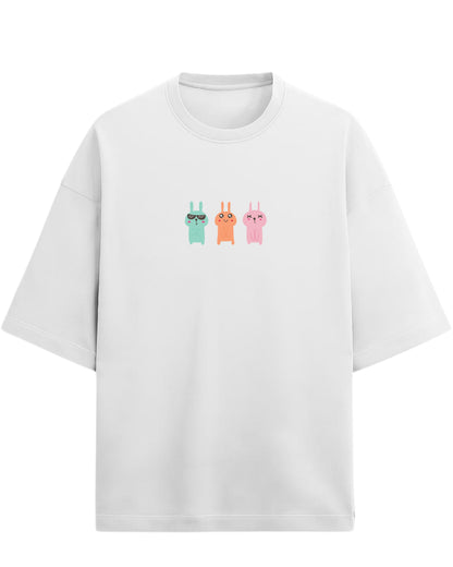 Bunny Trio Mood Oversized T-Shirt | Cute Cartoon Rabbit Graphic Tee | Premium 260 GSM Cotton