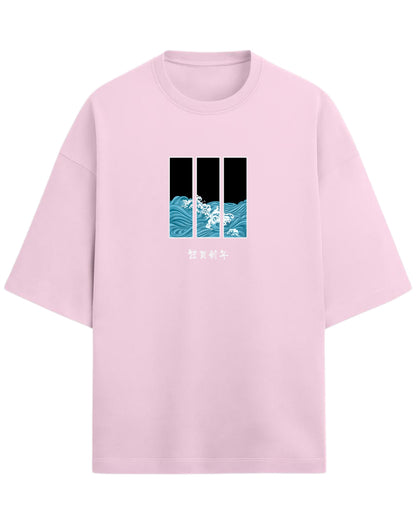 Ocean Waves Triptych Oversized T-Shirt | Japanese Art Wave Graphic | Premium 260 GSM Cotton