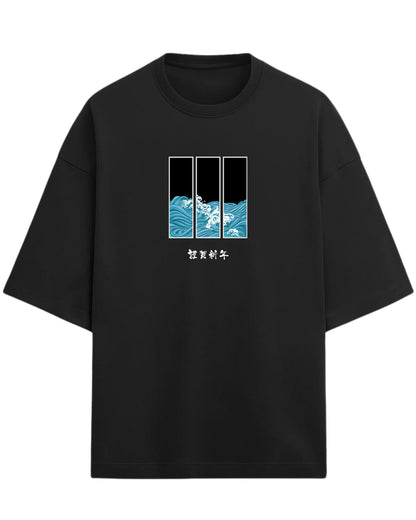Ocean Waves Triptych Oversized T-Shirt | Japanese Art Wave Graphic | Premium 260 GSM Cotton