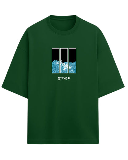 Ocean Waves Triptych Oversized T-Shirt | Japanese Art Wave Graphic | Premium 260 GSM Cotton