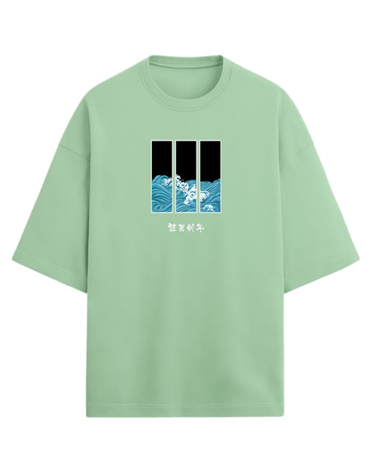 Ocean Waves Triptych Oversized T-Shirt | Japanese Art Wave Graphic | Premium 260 GSM Cotton