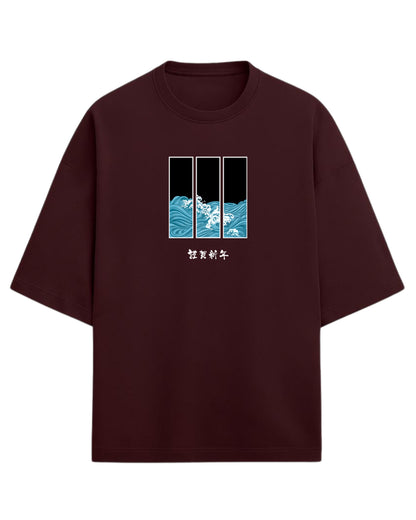 Ocean Waves Triptych Oversized T-Shirt | Japanese Art Wave Graphic | Premium 260 GSM Cotton