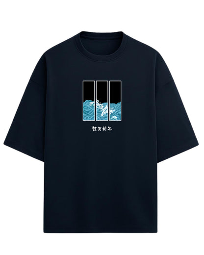 Ocean Waves Triptych Oversized T-Shirt | Japanese Art Wave Graphic | Premium 260 GSM Cotton