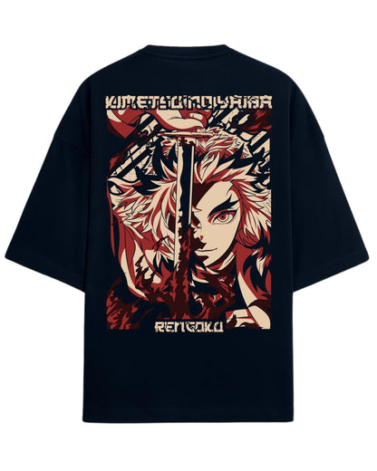 Rengoku Oversized T-Shirt | Demon Slayer Flame Hashira Anime Graphic Tee | Premium 260 GSM Cotton Blend