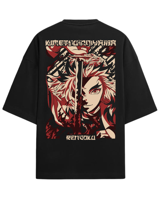 Rengoku Oversized T-Shirt | Demon Slayer Flame Hashira Anime Graphic Tee | Premium 260 GSM Cotton Blend