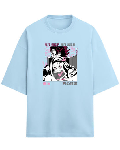 Tanjiro & Nezuko Sibling Duo Oversized T-Shirt | Demon Slayer Anime Graphic Tee | Premium 260 GSM Cotton