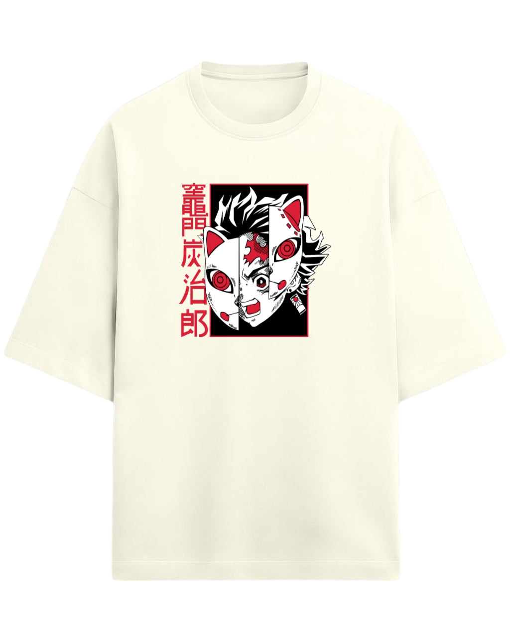 Tanjiro Split Mask Oversized T-Shirt | Demon Slayer Anime Graphic Tee | Premium 260 GSM Cotton