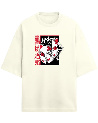 Tanjiro Split Mask Oversized T-Shirt | Demon Slayer Anime Graphic Tee | Premium 260 GSM Cotton