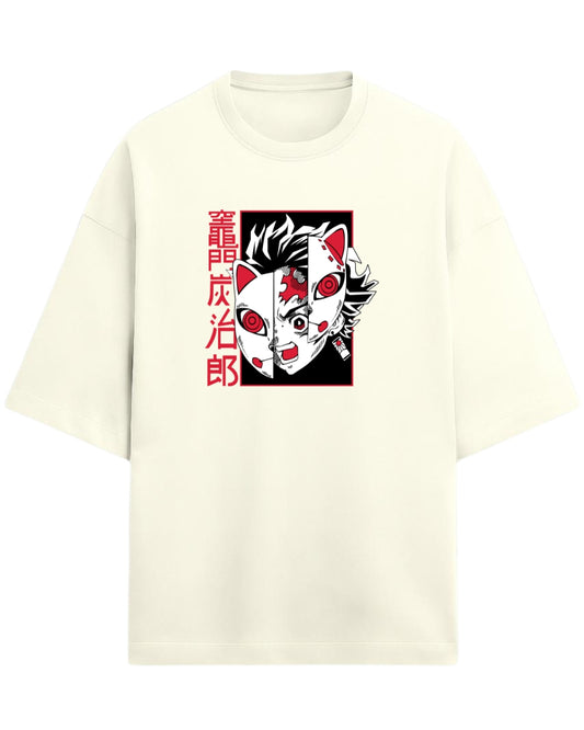 Tanjiro Split Mask Oversized T-Shirt | Demon Slayer Anime Graphic Tee | Premium 260 GSM Cotton