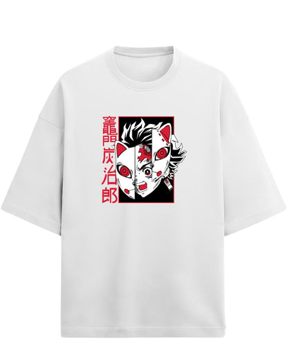 Tanjiro Split Mask Oversized T-Shirt | Demon Slayer Anime Graphic Tee | Premium 260 GSM Cotton