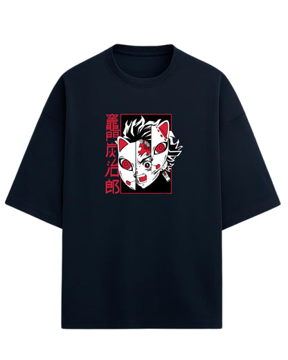 Tanjiro Split Mask Oversized T-Shirt | Demon Slayer Anime Graphic Tee | Premium 260 GSM Cotton