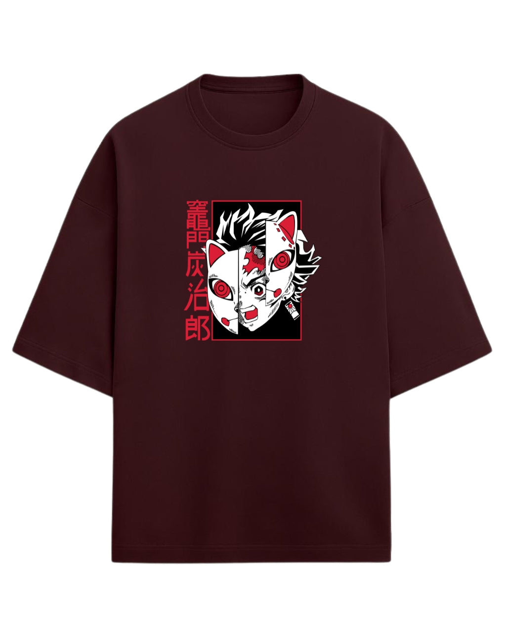 Tanjiro Split Mask Oversized T-Shirt | Demon Slayer Anime Graphic Tee | Premium 260 GSM Cotton