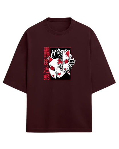 Tanjiro Split Mask Oversized T-Shirt | Demon Slayer Anime Graphic Tee | Premium 260 GSM Cotton