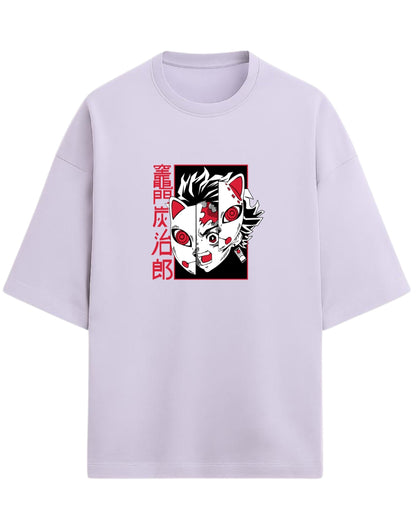Tanjiro Split Mask Oversized T-Shirt | Demon Slayer Anime Graphic Tee | Premium 260 GSM Cotton