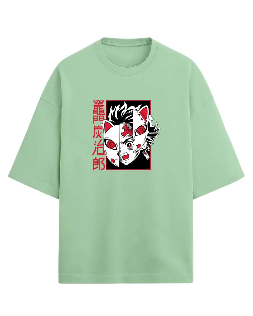 Tanjiro Split Mask Oversized T-Shirt | Demon Slayer Anime Graphic Tee | Premium 260 GSM Cotton