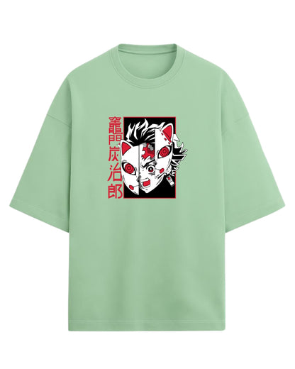 Tanjiro Split Mask Oversized T-Shirt | Demon Slayer Anime Graphic Tee | Premium 260 GSM Cotton