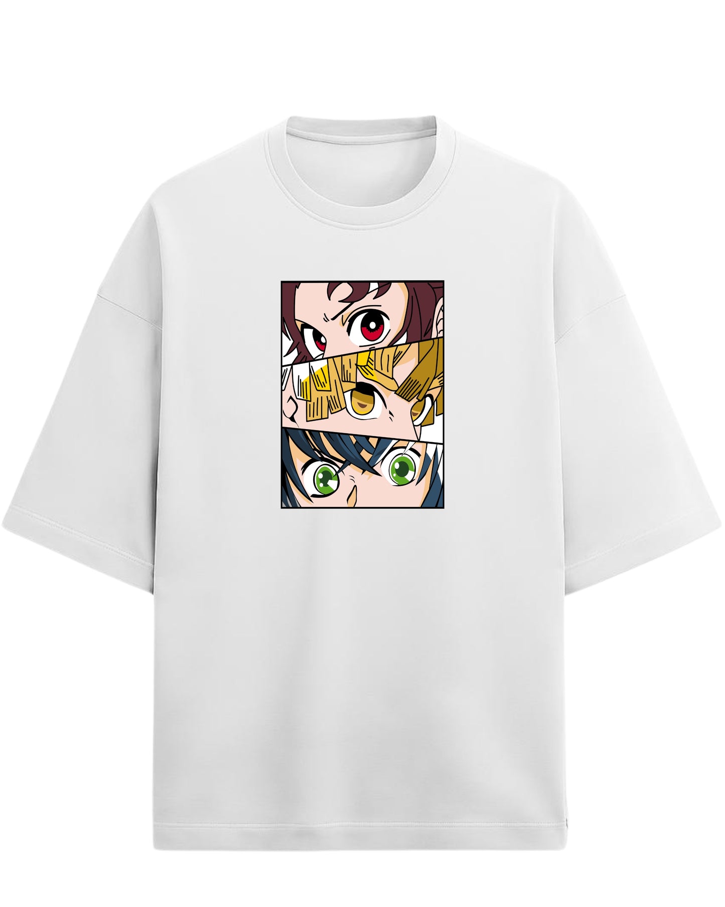 Demon Slayer Trio Eyes Oversized T-Shirt | Tanjiro, Zenitsu & Inosuke Anime Tee | Premium 260 GSM Cotton Blend