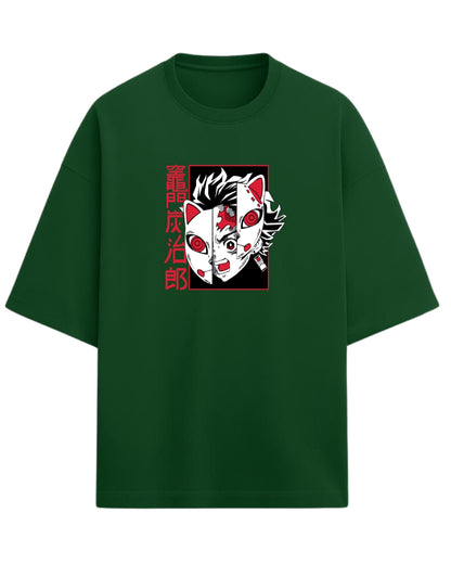 Tanjiro Split Mask Oversized T-Shirt | Demon Slayer Anime Graphic Tee | Premium 260 GSM Cotton
