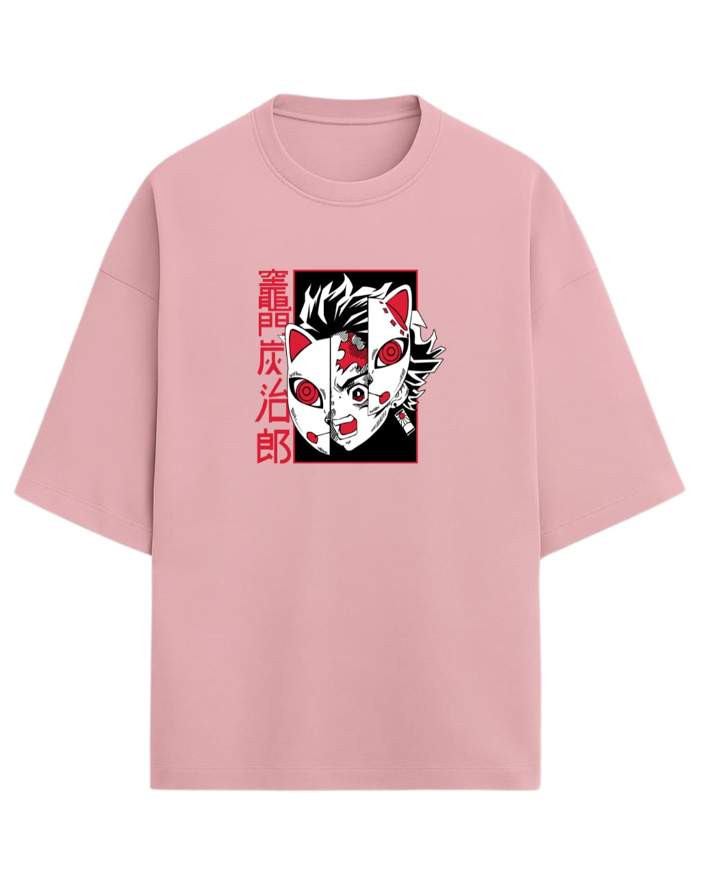 Tanjiro Split Mask Oversized T-Shirt | Demon Slayer Anime Graphic Tee | Premium 260 GSM Cotton