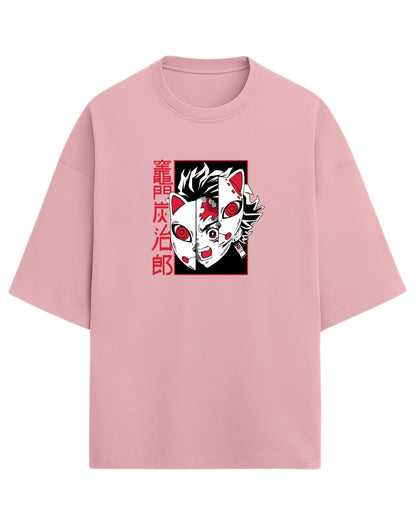 Tanjiro Split Mask Oversized T-Shirt | Demon Slayer Anime Graphic Tee | Premium 260 GSM Cotton