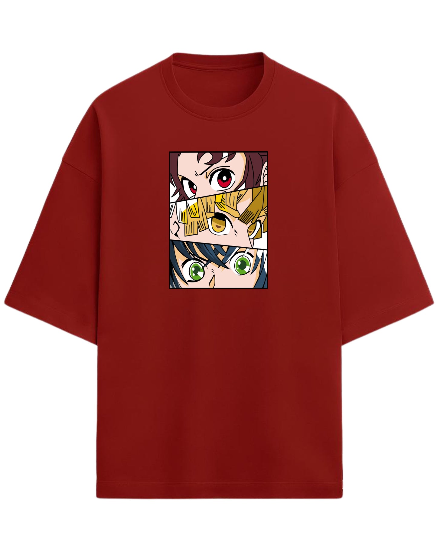 Demon Slayer Trio Eyes Oversized T-Shirt | Tanjiro, Zenitsu & Inosuke Anime Tee | Premium 260 GSM Cotton Blend