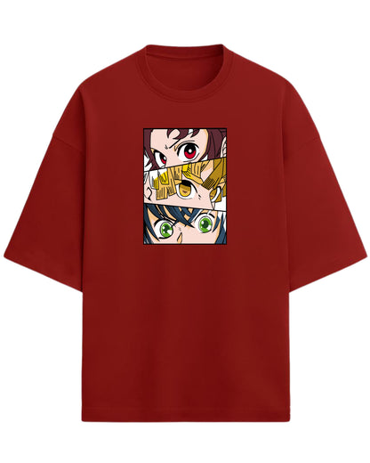 Demon Slayer Trio Eyes Oversized T-Shirt | Tanjiro, Zenitsu & Inosuke Anime Tee | Premium 260 GSM Cotton Blend