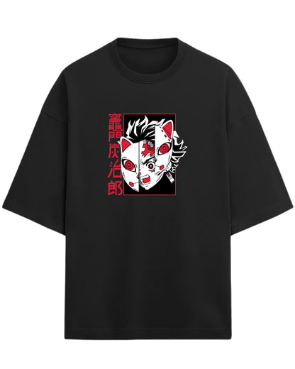 Tanjiro Split Mask Oversized T-Shirt | Demon Slayer Anime Graphic Tee | Premium 260 GSM Cotton