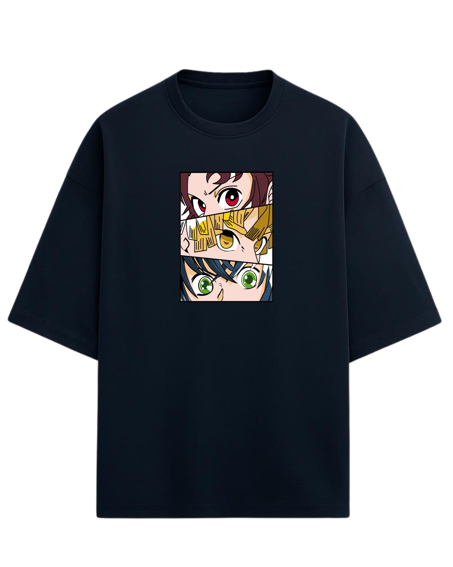 Demon Slayer Trio Eyes Oversized T-Shirt | Tanjiro, Zenitsu & Inosuke Anime Tee | Premium 260 GSM Cotton Blend