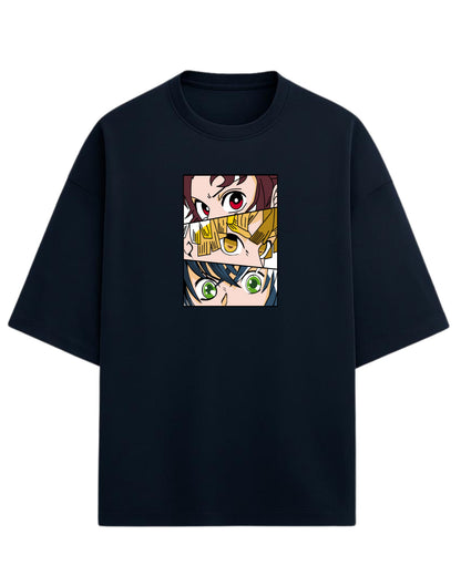 Demon Slayer Trio Eyes Oversized T-Shirt | Tanjiro, Zenitsu & Inosuke Anime Tee | Premium 260 GSM Cotton Blend