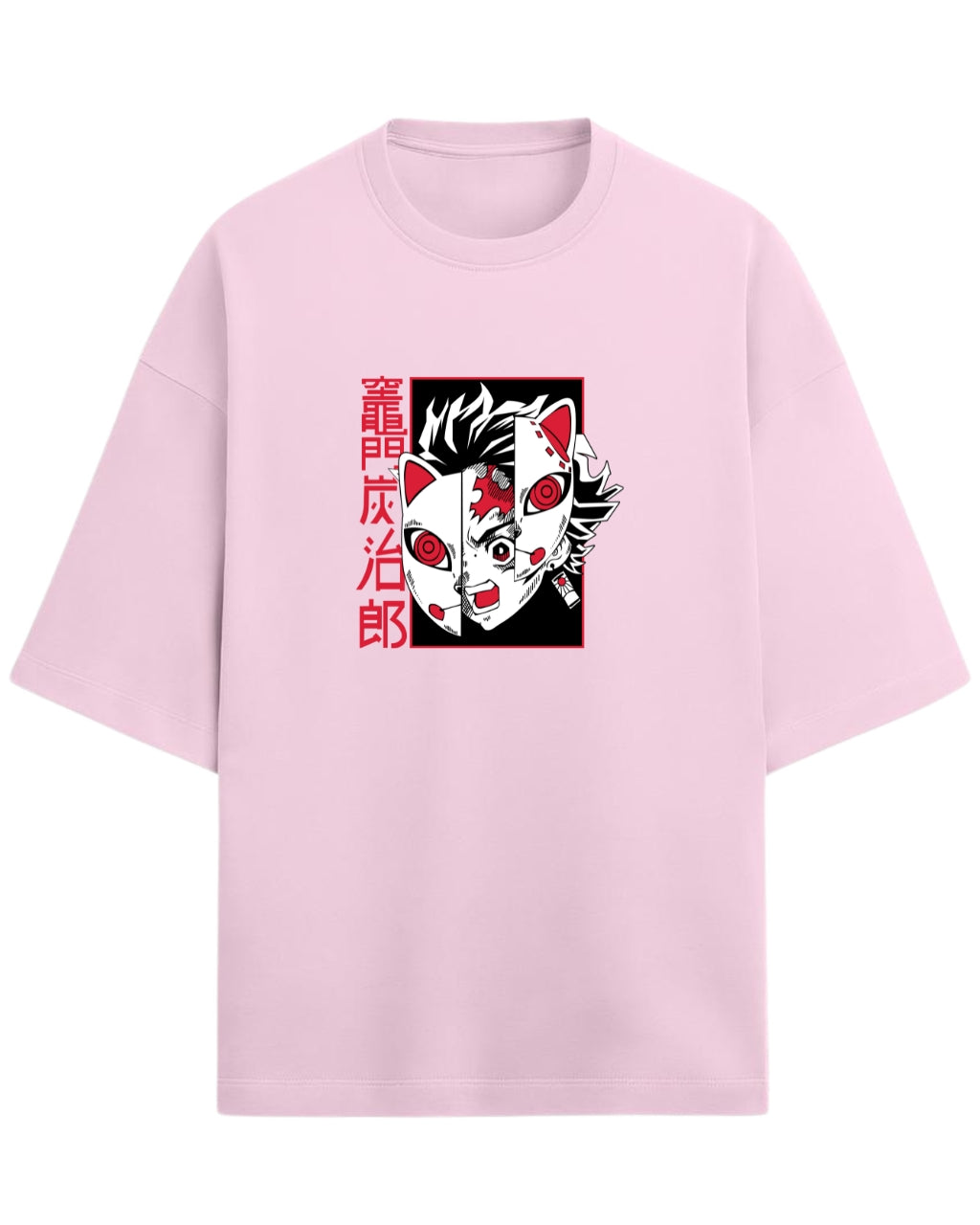 Tanjiro Split Mask Oversized T-Shirt | Demon Slayer Anime Graphic Tee | Premium 260 GSM Cotton